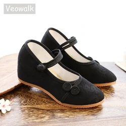 Veowalk 7cm ukryty klin kobiety tkanina żakardowa obcas buty damskie wygodne haftowane pompy eleganckie chińskie buty sukienka węzeł