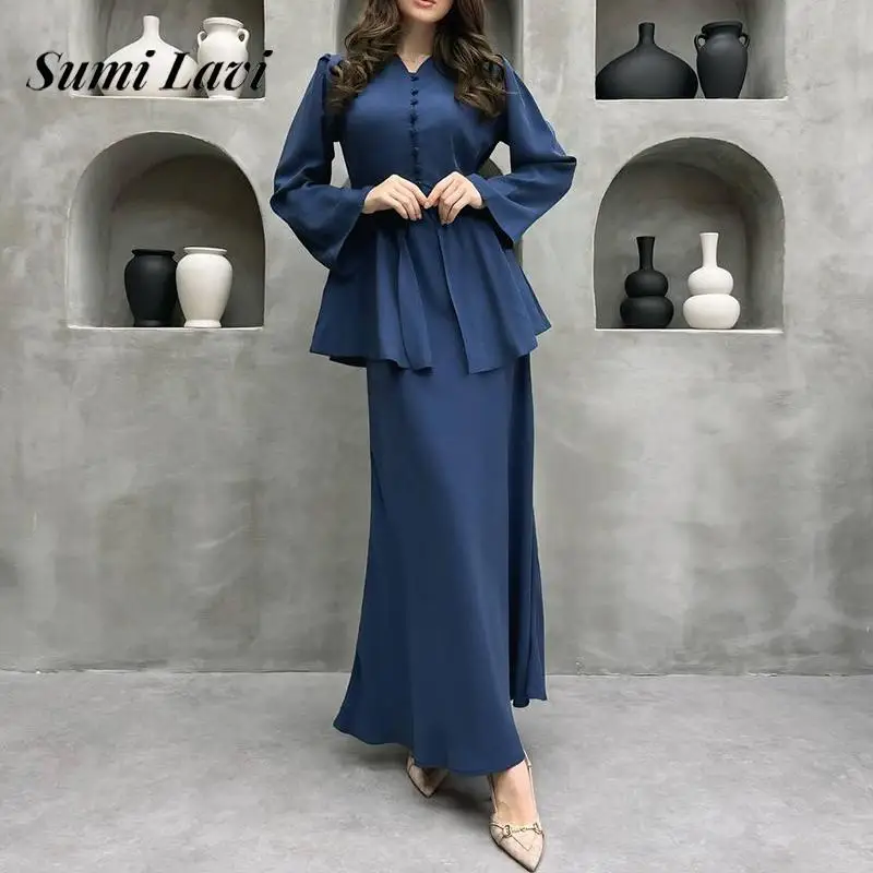 

Lady Casual Long Sleeve Satin Party Outfits Elegant Temperament Draped 2Pc Suit Sexy V-neck Button Cardigan Top & Long Skirt Set