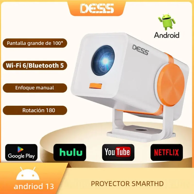 Proyector para Exteriores DESS, Compatible con Android 13, 4K 1280*720P, Wifi Dual, 180 ° Mini Proyector Portátil Flexible con Bluetooth 5.0 para Cine en Casa