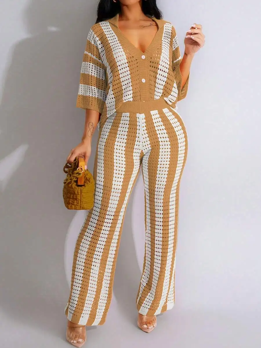 

Women Hollow Out Striped Knitted Two Piece Set Wide Leg Pants