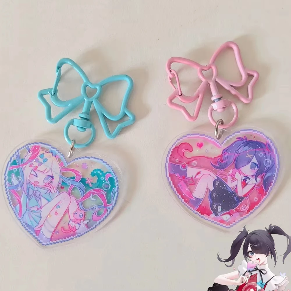Game NEEDY GIRL OVERDOSE Rain Ame KAnge Cosplay Mädchen Acryl Schlüsselanhänger Cartoon Figur Herz Schleife Schlüsselring Kamera Zubehör