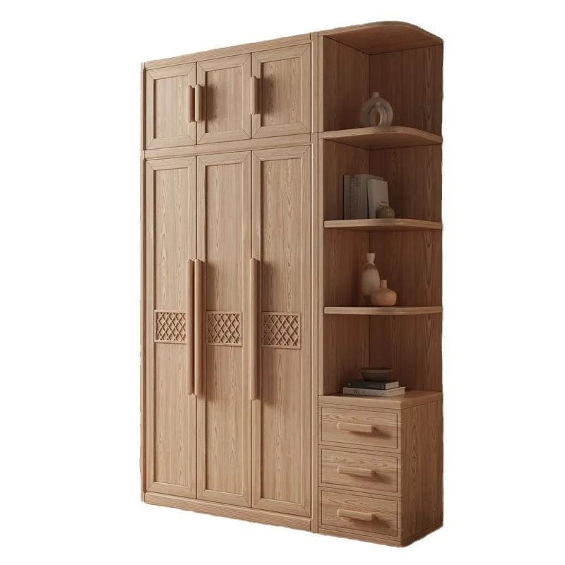 

ash solid wood wardrobe, modern simple clothes hanging in the household bedroom, new Chinese-style door storage wardrobe