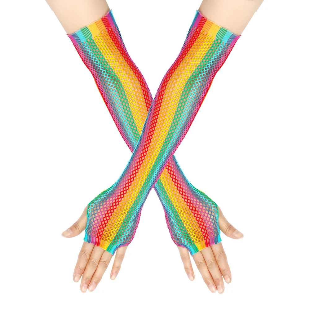 Maniche lunghe elastiche in rete colorata arcobaleno Guanti lunghi intrecciati in rete colorata per feste da ballo