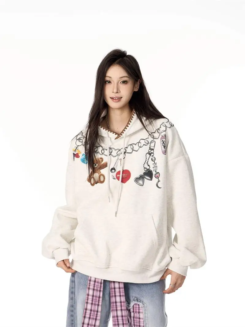 LISM women's winter clothes y2k hoodies sweatshirt 2025 Retro Bear Nelace Hoodie Women Loose Casual Versatile Overhead Top