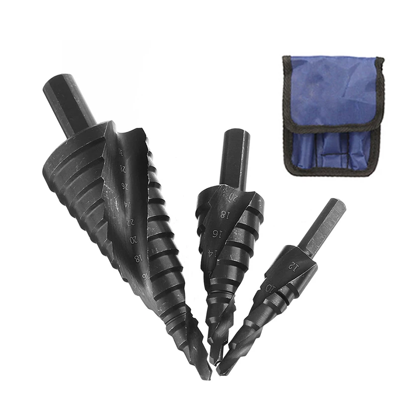 3 개/대 4-32 Mm 고속 강철 질화 된 단계 드릴 삼각형 생크 나선형 테이퍼 드릴 나무 금속 구멍 오프너에 적합