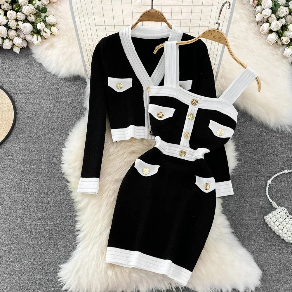 Women Elegant Knit Two Pieces Sets Sweater Vintage Long Sleeve Cadigan and Stretch Tight Sundress Sets Autumn Winter Wrap Dress