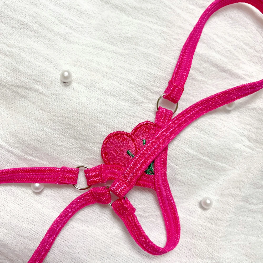 Extra Mini Female Tback Crotchless Sexy Thong Hot Pink Cherries G-String Shorts Crotch Depth Sexy Erotic Women Underpants