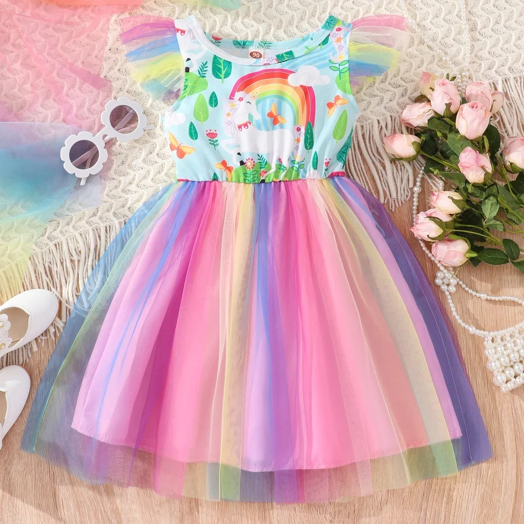 2024 Mesh Dress Baby Girl 1 2 3 4 5 6 Years Old Rainbow Summer Short Sleeve Girl Princess Dress Birthday Toddler Girl Kids Dress