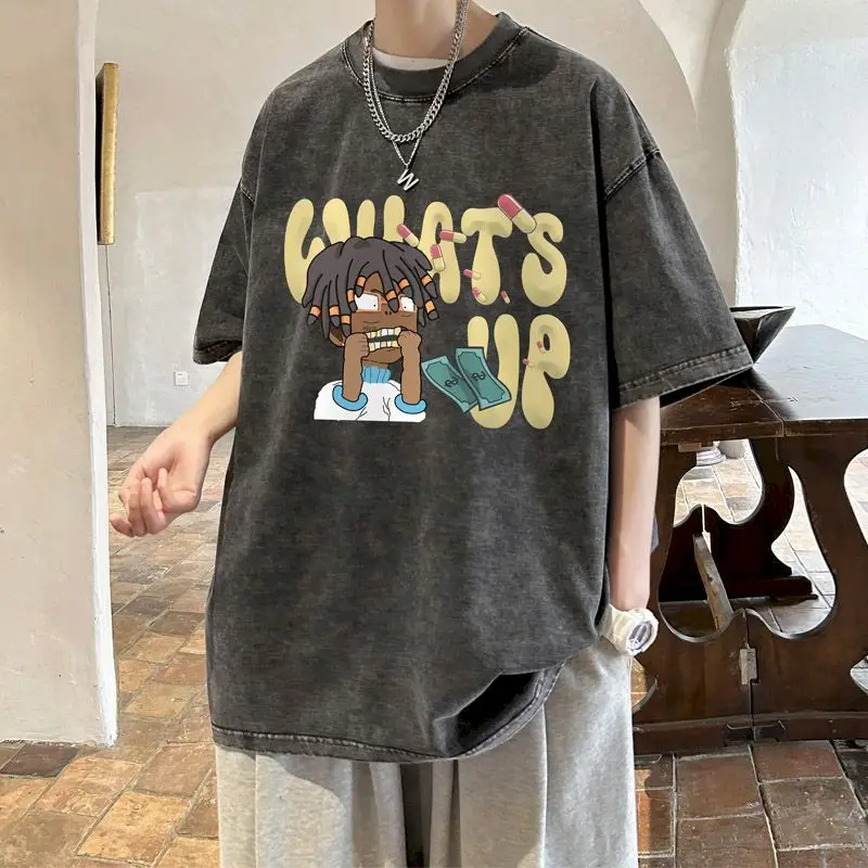 Oversized T-shirts American Retro Fun Printed Tshirt Washed Vintage Short Sleeved Tops Loose Trendy Versatile Couple T Shirt Ins