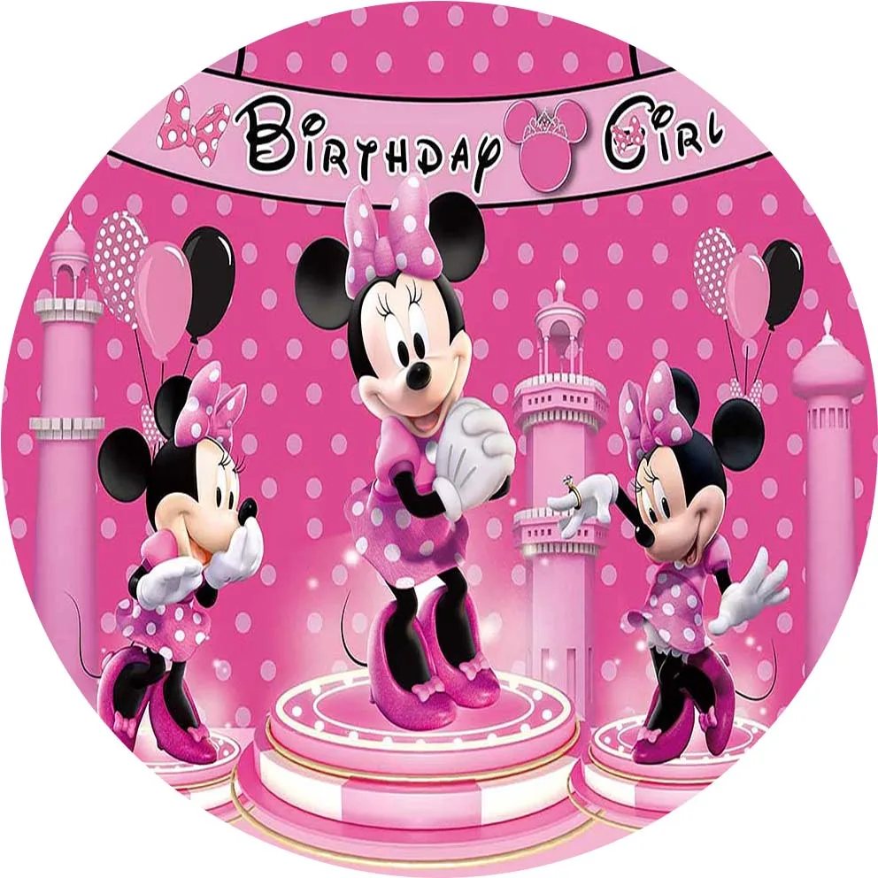 Pink Minnie Mouse Round Circle Background Baby Shower Girl Birthday Photo Backdrop Kids Party Decor Table Plinth Covers Elastic