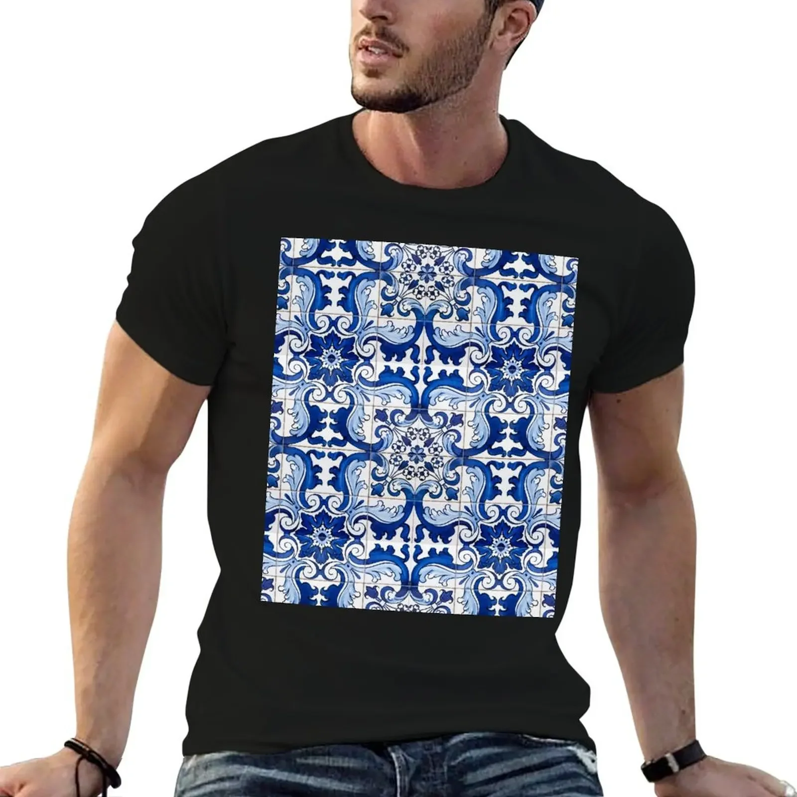 Antique Classic Lisbon Blue Azulejo Tile Floral Pattern T-Shirt custom t shirt blacks t shirts for men