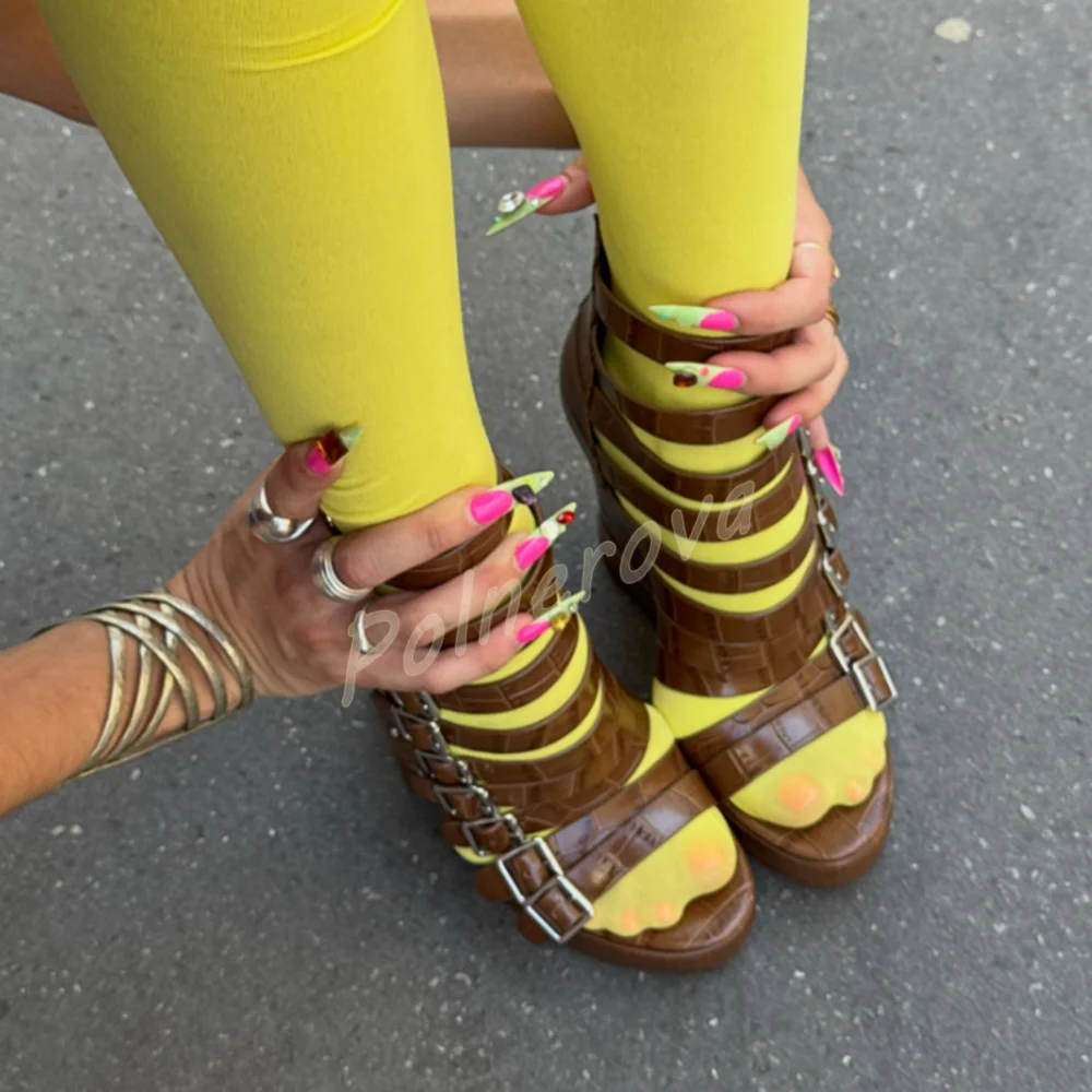 Croc-Pattern Embossed Wedge Sandals Women Multi Buckle Strap Platform Gladiator Sandals Open Toe High Fashion Gothic Party Shoes