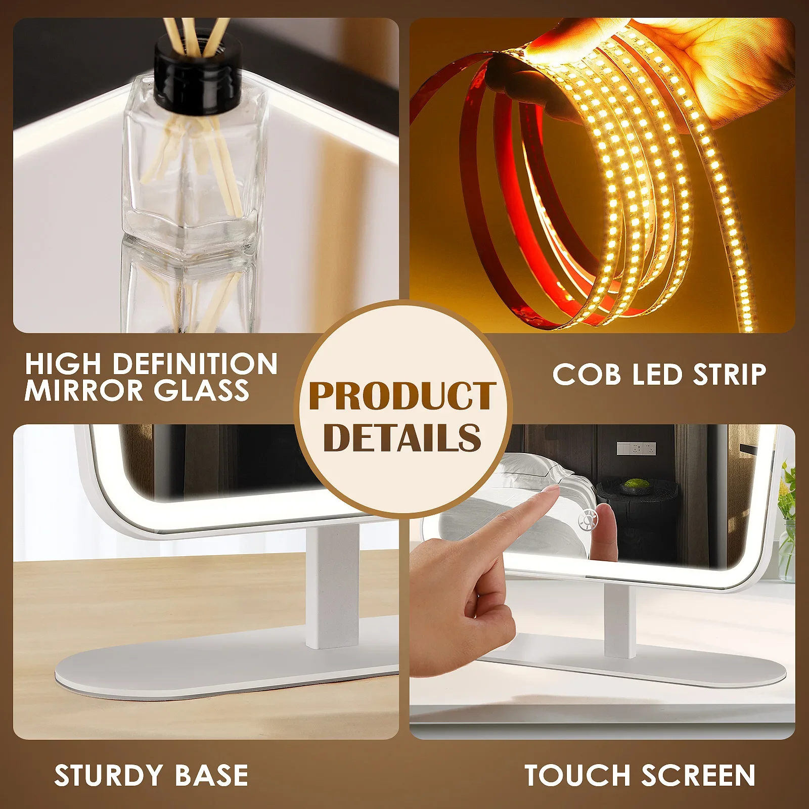 Portable LED Makeup Mirror 5X Magnification, Touch Control, Rechargeable, Dimmable Light 120° Adjustable Stand, HD Vanity Mirror