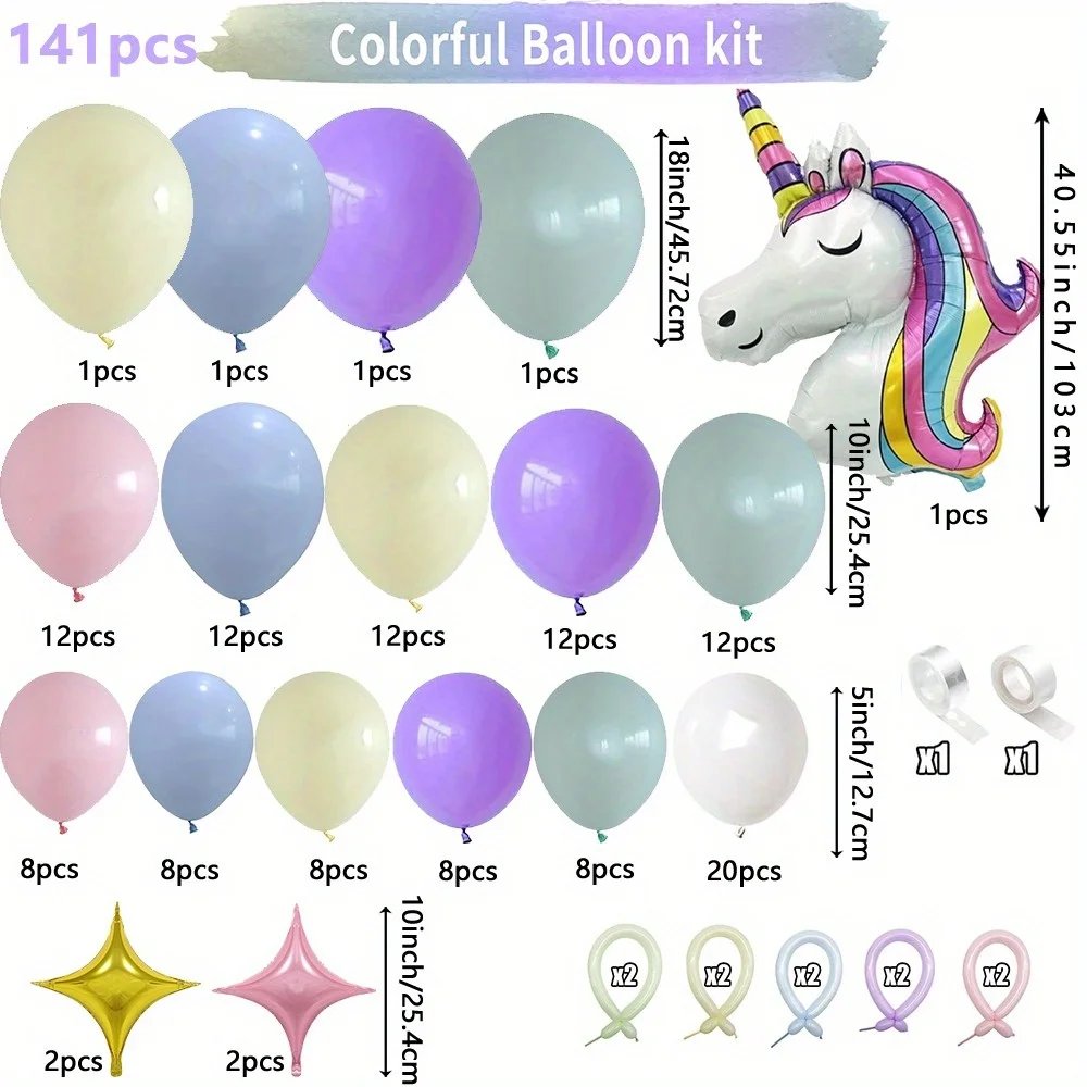 141PCS Rainbow Unicorn Balloon Wreath Set with Colorful Candy Macaron Balloons for Wedding, Birthday, and Party Decoration