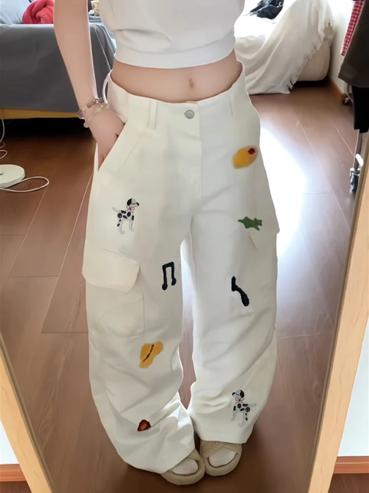 

High Waist Wide Leg Denim Jeans Women's Summer Slimming Loose Fit Straight Cut Trousers Embroidered Dog Pattern Casual Style