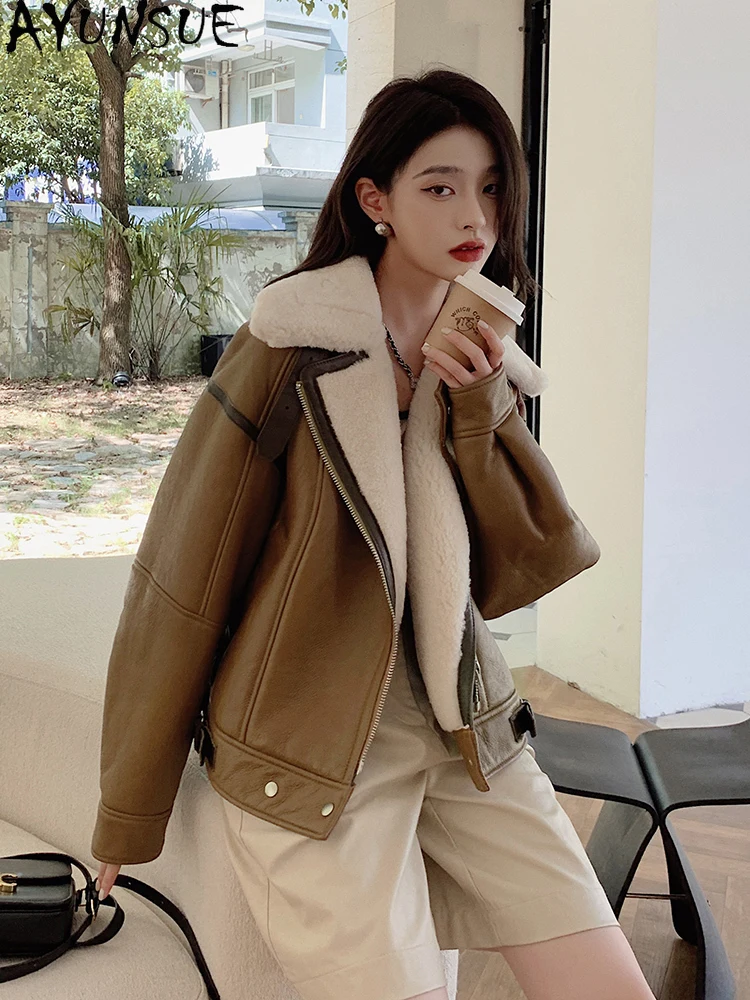 

AYUNSUE 2025 Winter Shearling Jacket Woman Short Loose 100% Natural Wool Jackets for Woman Clothing High Quality Abrigo Mujer