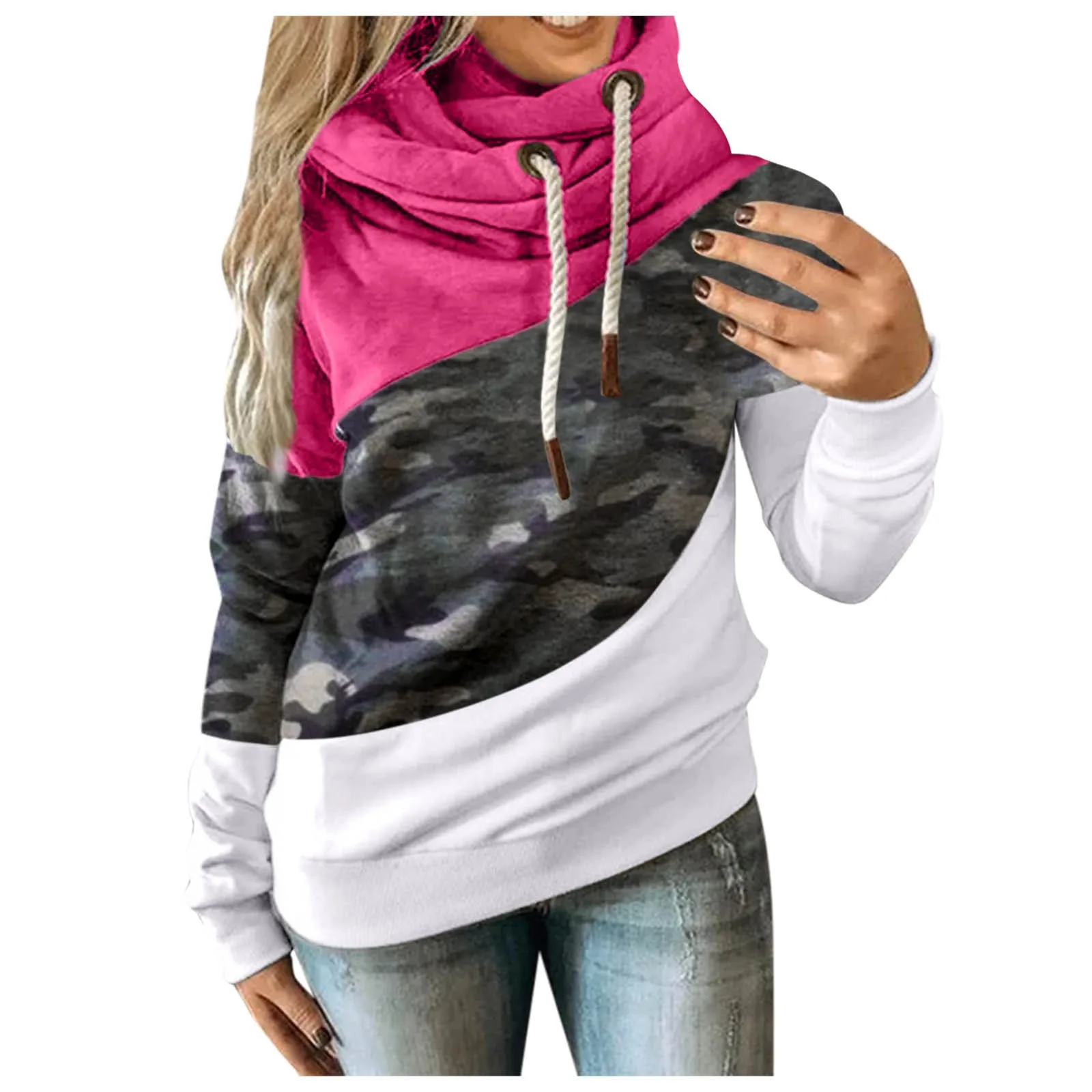 Women's Fashionable Camouflage Color Blocking Patchwork Hoodie Drawstring Long Sleeved Loose Casual Female Sweatshirts