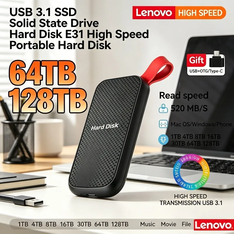

Внешний портативный жесткий диск Lenovo E31 1 ТБ/4 ТБ, мобильный SSD USB 3.1 для ноутбуков, PS5, телефонов, игровых консолей, резервного хранения