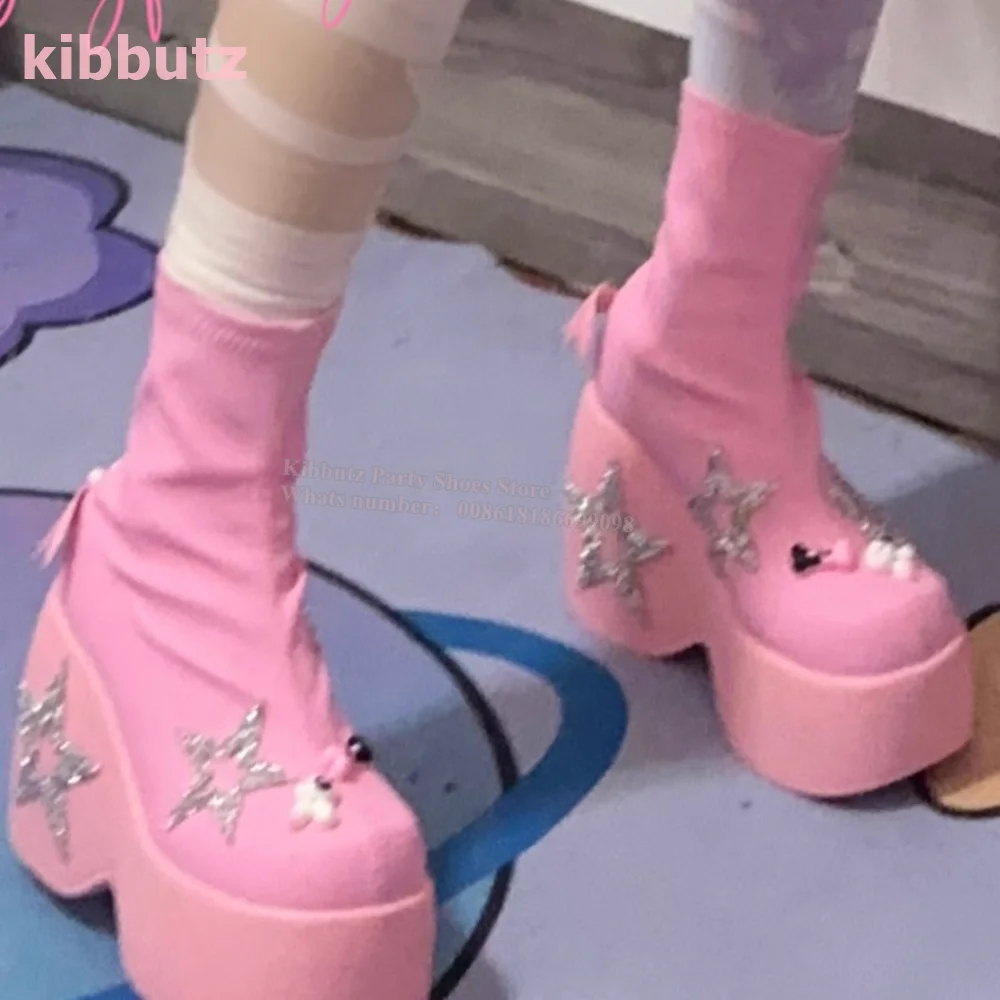 Height Increasing Ankle Boots Genuine Leather Round Toe Slip-On Bunny Demon Wings Stars Y2k Dopamine Subulture Fashion Shoes New