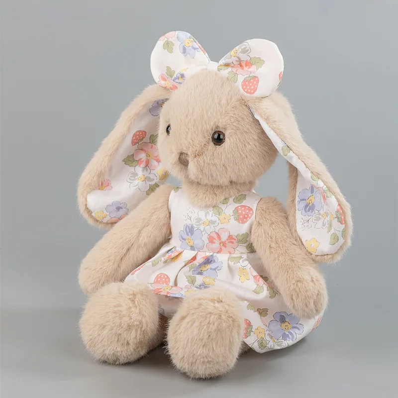 Stuffed Bunny Plush Toy Long Eared Rabbit Doll Strawberry Floral Print Dress Soft Companion Decorative Gift For Girls