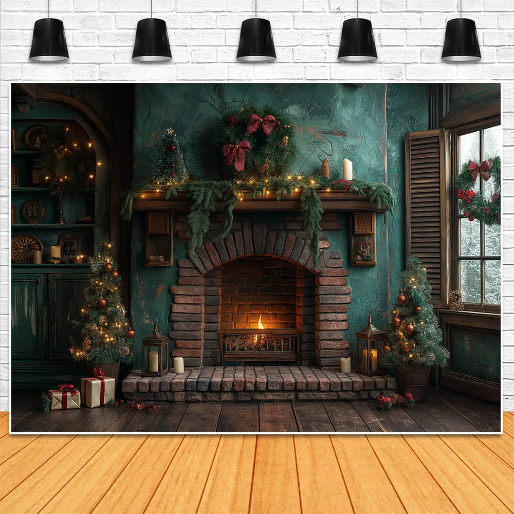 Mocsicka Christmas Vintage Green Wall Backdrops Photography Wooden Fireplace Family Portrait Background Photo Studio Shoot Props