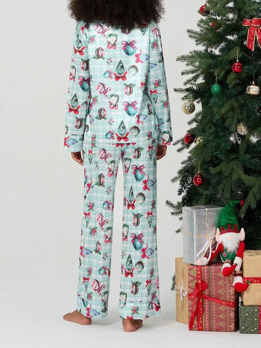 Women Christmas Pajamas Set Long Sleeve Button Up Shirt Elastic Wide Leg Pants Holiday Sleepwear Loungewear
