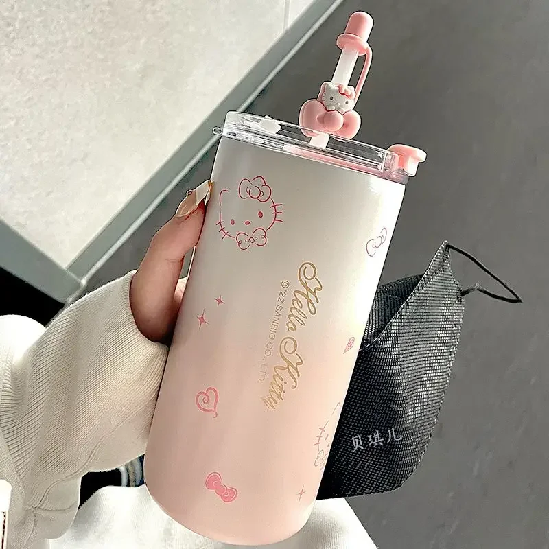 Sanrio Kawaii Hello Kitty Water Cup Student Cartoon Anime 480ML Portable Straw Direct Drink Thermos Cup Office Coffee Cup Gift