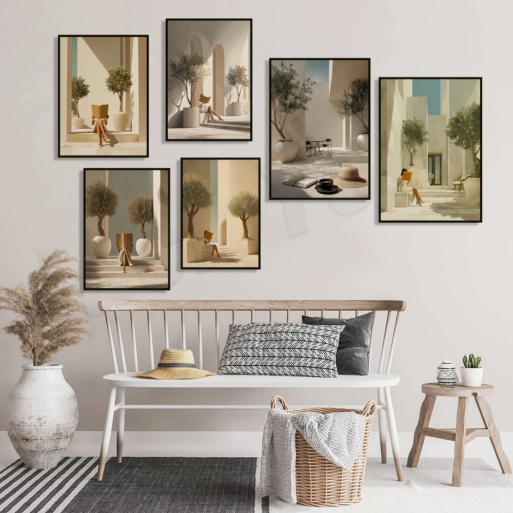 Women's reading print, Mediterranean coffee theme, neutral color wall decoration, library, bedroom, reading decorative poster