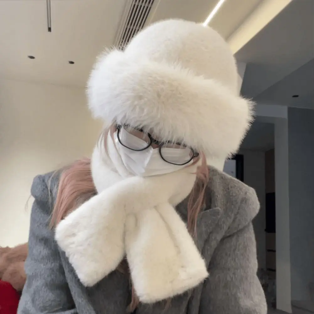 1 Zestaw Ciepła Zimowa Czapka i Szaliki Puszysty Futrzany Kapelusz Rybacki dla Kobiet Pluszowy Szalik Ochraniacz na Szyję Jednolity Kolor Futrzana Czapka Ocieplacz na Szyję
