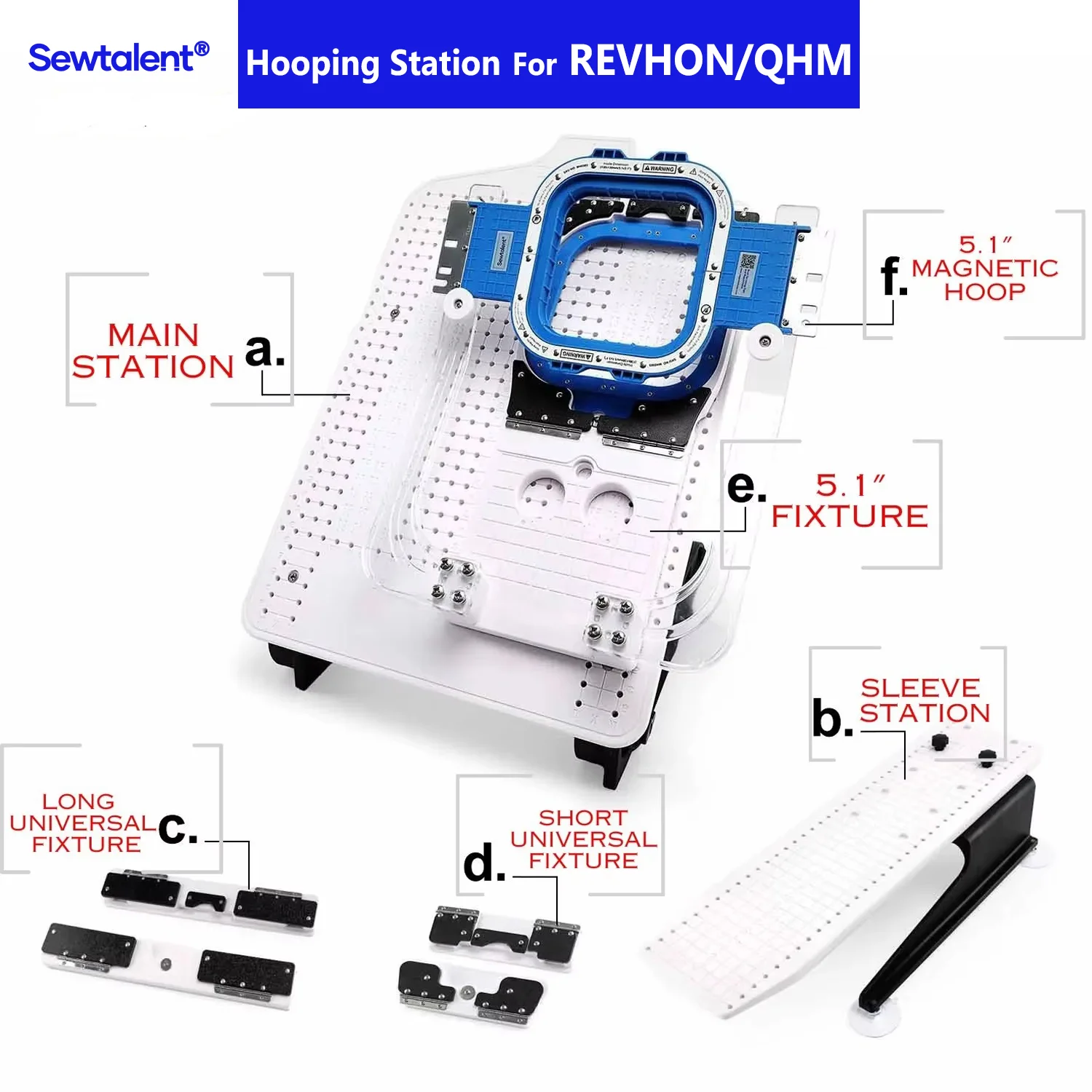 

REVHON & QHM QH-MINI01 QH-XC1201/1202 embroidery machine with Sewtalent magnet Mighty Hoop Master Hooping station kit HoopMaster