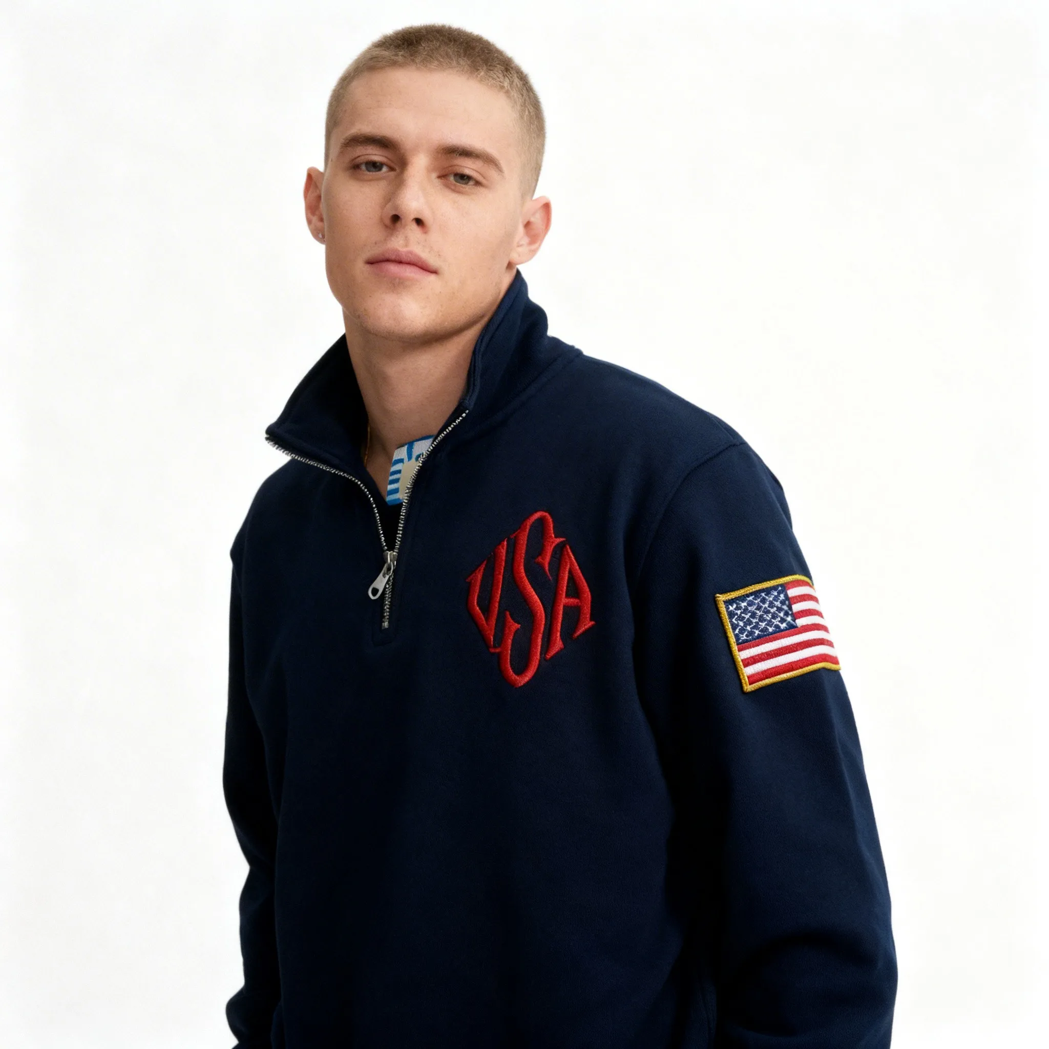 Mens Fashion Quarter Zip - Sweat-shirts vintage avec drapeau américain brodé,