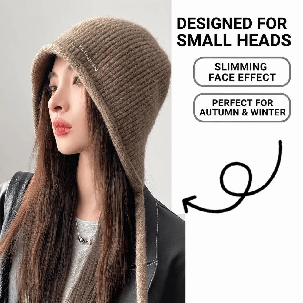 Sweet Double Drawstring Knitted Cap Windproof Face Slimming Beanies Warm Ear Protection Hat Women Girl