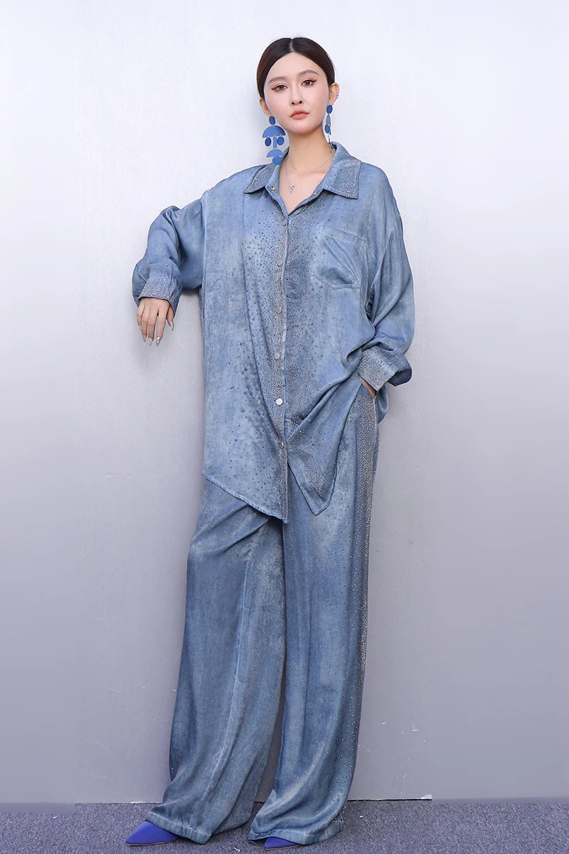 

2025 Autumn Elegant Fashion Set Women Loose Hot Diamond Top Straight Pants Two-piece Set J2046