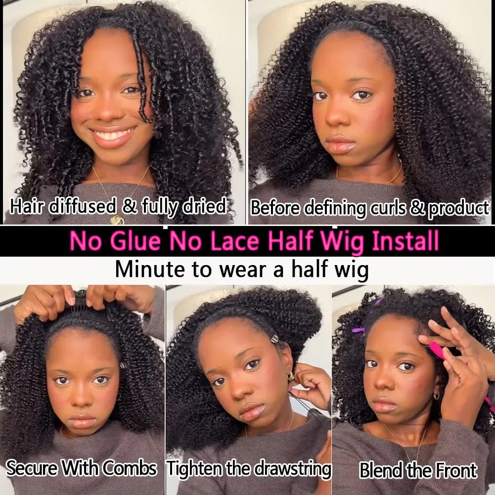 3IN1 نصف باروكة بدون غراء باروكة من شعر طبيعي بدون مشابك حبل خياطة نصف مجعد غريب جاهز للارتداء #4