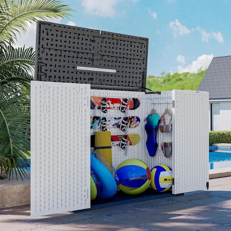 Lockable Waterproof Outdoor Storage Cabinet, 41Shed with Spring Lid, Ideal for Patio, Garden, Pool, and Tools, White