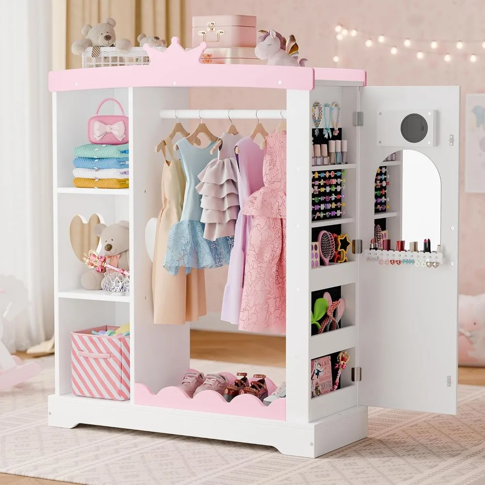 

Kids Armoire with Jewelry Cabinet, Dress up Storage with Mirror and Shelves, Princess Dress Closet and Costumes Wardrobe Closet