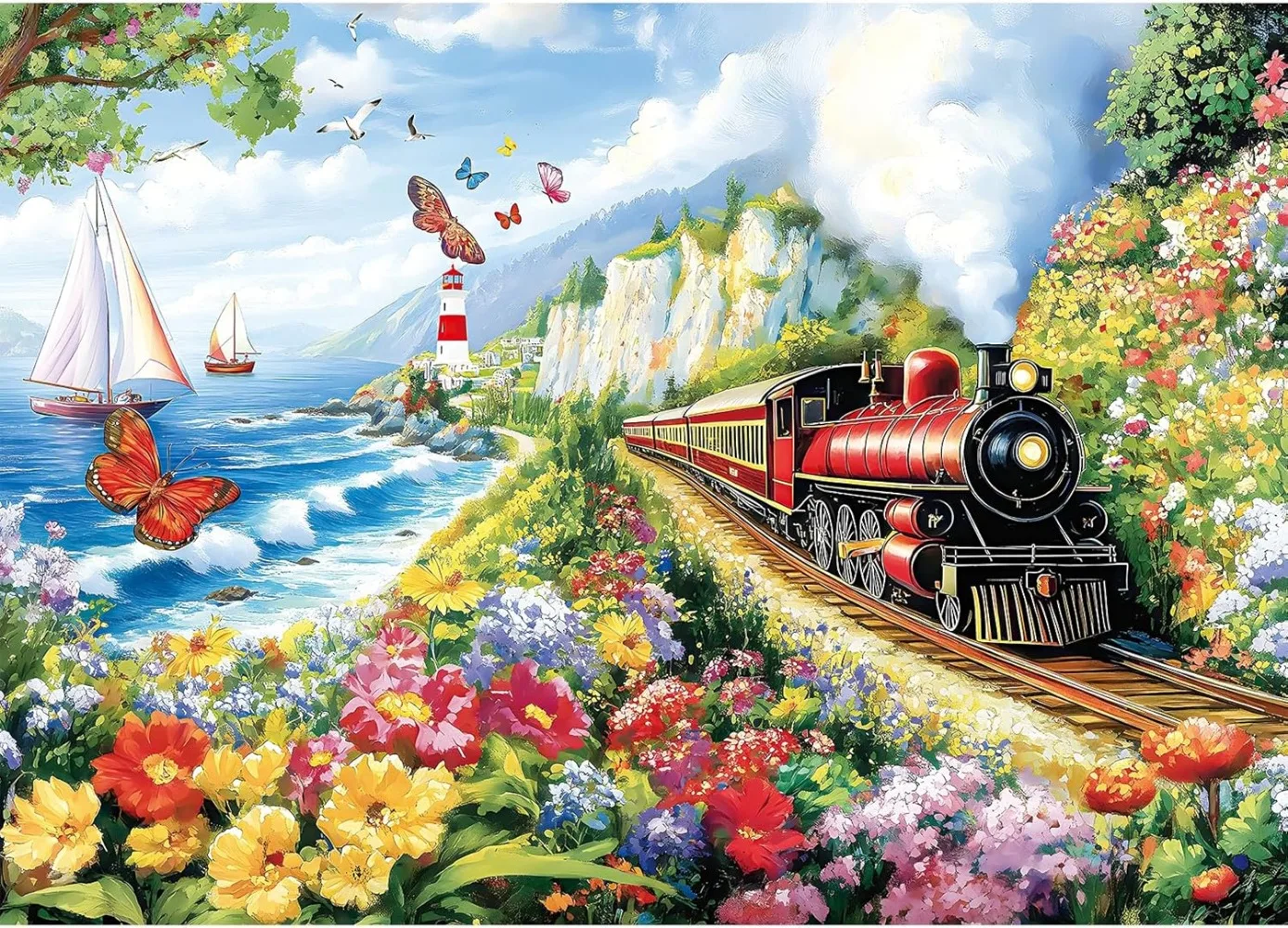 

1000/500/300/120 Pieces Scenic Coastal Train Lighthouse Flowers Jigsaw Puzzles for Adult Challenging Family Educational Toy Game