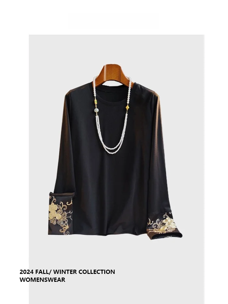 

Forever 2 Bla Embroidered Patchwork Long Sve Women's T-irt Design Sense National Trend Embroidery Base irt