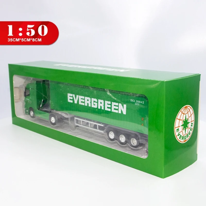 1:50 Scale Alloy Metal Truck Trailer Container EVERGREEN Cargo Logistics Truck Diecast Model Green Color Engineering Vehicle Toy