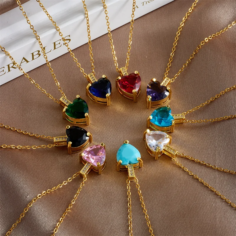 8pcs/set Copper Heart Big Blue Zircon Pendant Necklace For Women Girl Fashion Clavicle Chain Jewelry Birthday Gift