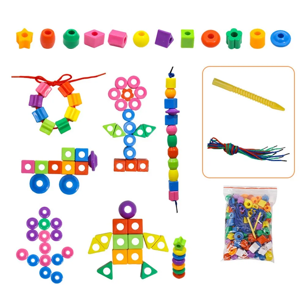 

48/100/160PCS Multicolor Montessori Threading Beads Toy Building Blocks Geometry Shape DIY Beaded Game Plastic Bracelet Toy