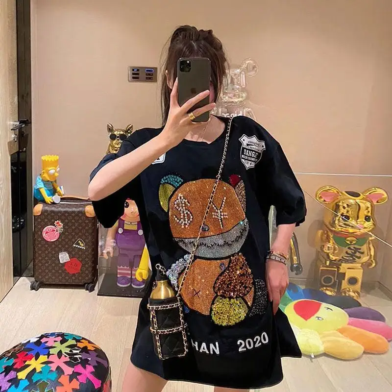 Oversized Tees Dress for Women New Summer Fashion Sparkling Diamond Short Sleeve Mid-long T-shirt Large Size Pullover Cotton Top