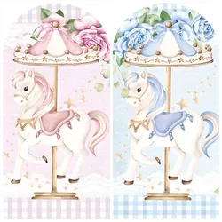 Mehofond Carousel Arch Backdrop Covers Kid Birthday Party Pink Blue for Baby Shower 2-Sided Ferris Wheel Decor Chiara Background