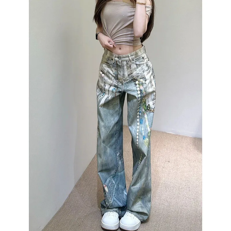 Jeans in denim a gamba larga Serie 98 Pizzo stampato in 3D Catena di perle Pantaloni dritti larghi da donna Vita alta Estiramento medio Altro Fab...