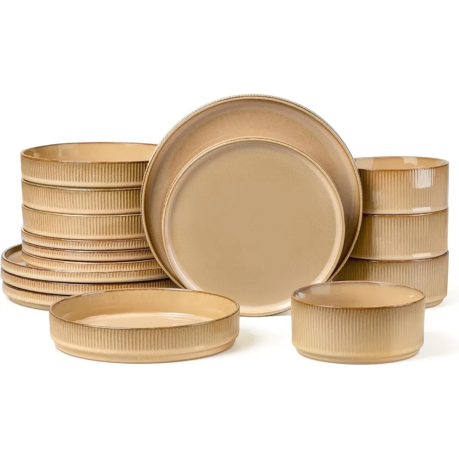 

16 Piece Dinnerware Sets with Double Bowls Ceramic Plates and Bowls Set for 4 Ribbed Stoneware Dishes Microwave and Dishwasher