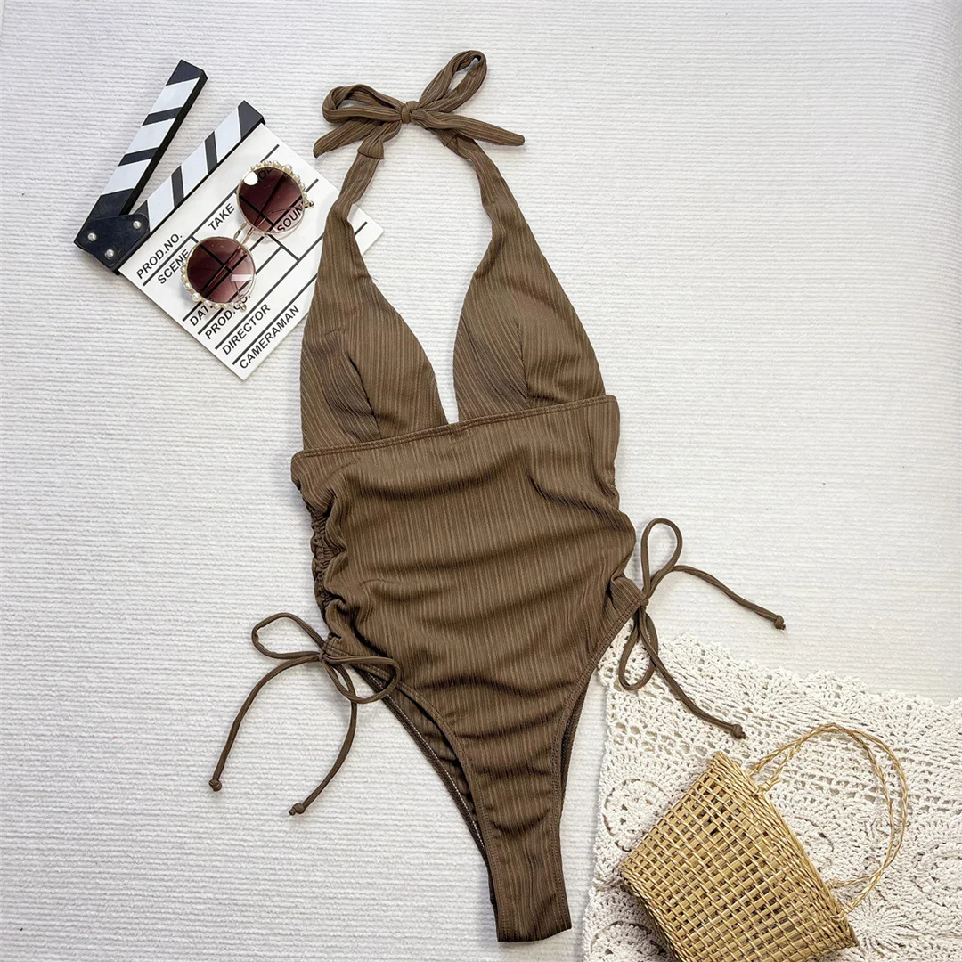 Sexy V-Ausschnitt, trägerloses, rückenfreies, hoch geschnittenes Damen-Badeanzug-Modell, einteiliger Badeanzug, Damen-Monokini, gepolsterter Badeanzug, Badebekleidung, Modell V6805. – Detail 10