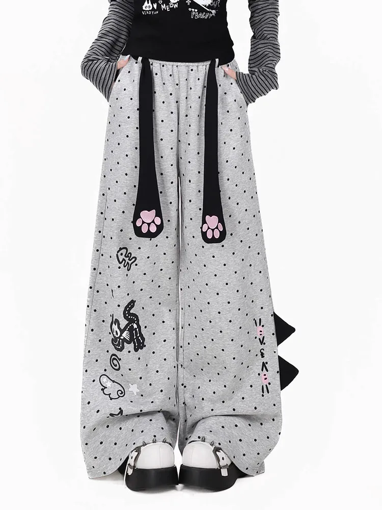 Cute Cat Print Wide Leg Pants Women Autumn High Waist Loose with Belt Trousers Harajuku Vintage Preppy All Match Straight Pants