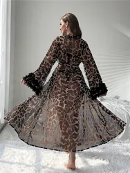 Sexy Bathrobe Scollop Leopard Print Nightdress Mesh Nightwear Cozy Bridesmaid Wedding Party Belted Robe Sheer Nightgown