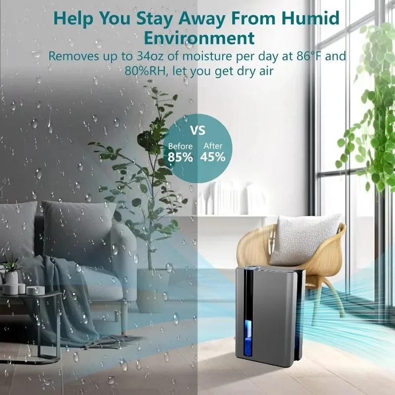 95oz Dehumidifiers for Home, 800 sq ft Quiet Dehumidifier with Reusable Filter and Ionizer, Small Dehumidifier with Drain Hose