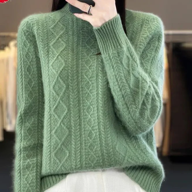 

Woolen Sweater Women Half Turtleneck Autumn Winter Thickened Sweater Twist Flower Solid Pullover Casual Sweater Base Shirt LJ489